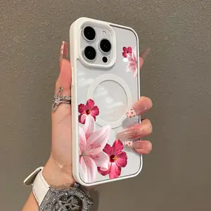 Magnetic Compatible Case for iPhone 17 16 E Pro Max 15 Plus 14 13 12 11 XS XR, Lily Hibiscus Frame Aesthetic Print | Shockproof, Silicone, Lightweight, Scratch Resistant, and Trendy Protection