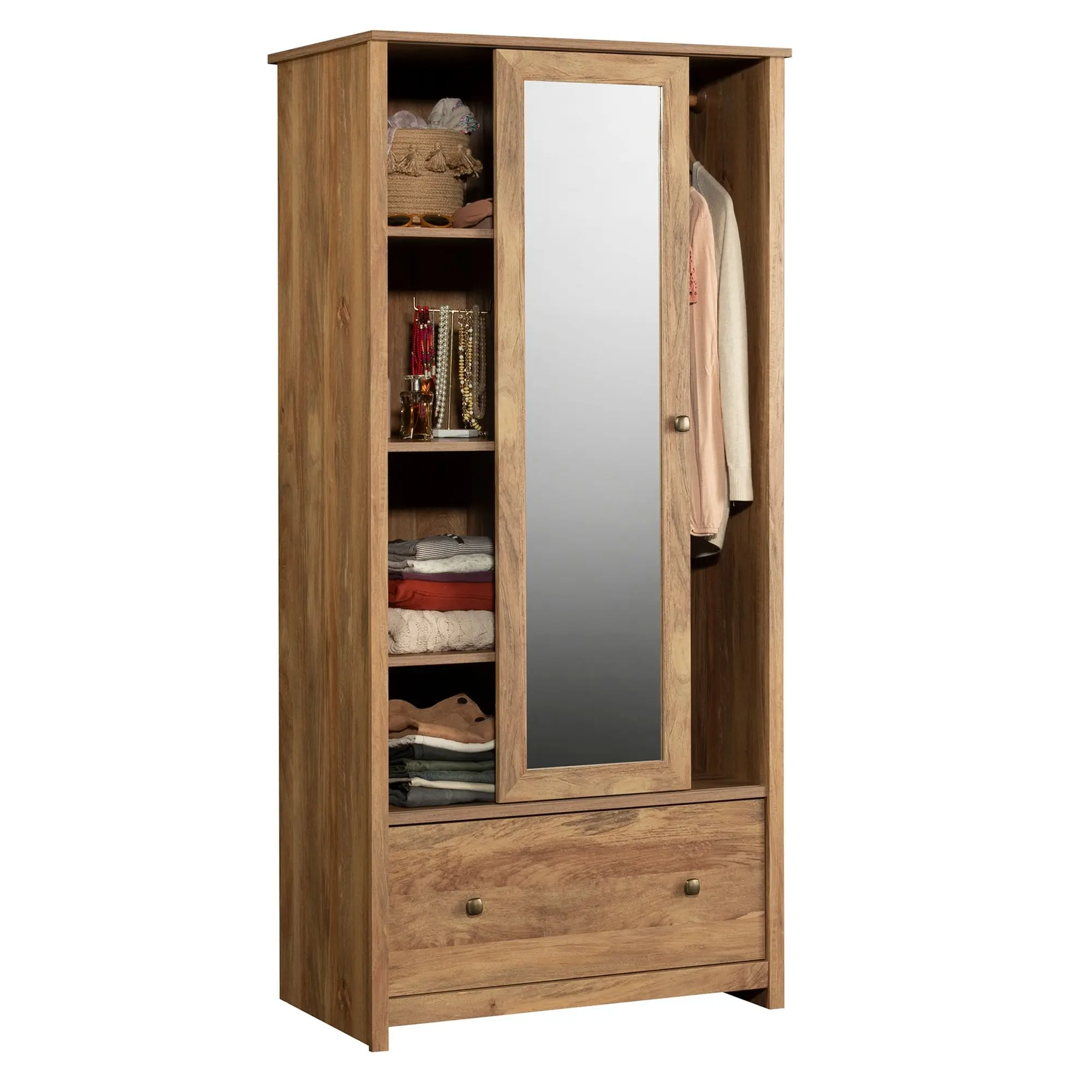 Sauder River Ranch Wardrobe Closet Armoire - Wood Armoire Storage for Transitional Interior Design, Regular Door, Safety-Tempered Glass Mirror, Garment Rod, 3 Adjustable Shelves, Spacious Bottom Drawer