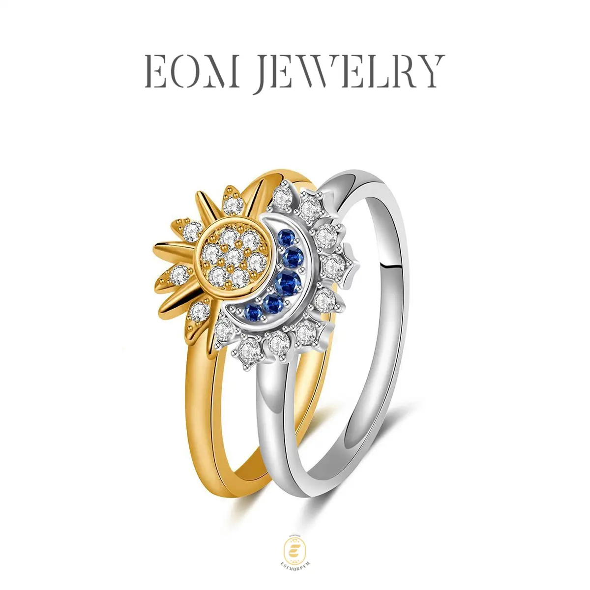 EOM Sun & Moon Ring Rhinestone Band White/Golden Metal Coating Romantic Gift for Couples Weddings Anniversaries