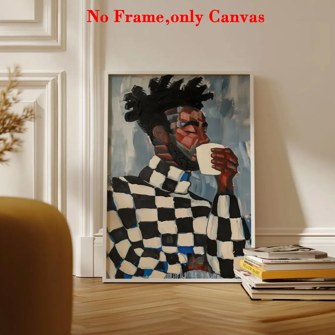 1 pc, wall art, vintage poster, Geometric designs, Artistic abstract geometric figure art print, man in black and white plaid sweater canvas painting, wall aesthetic decoration, perfect decoration for living room and bedroom, frameless