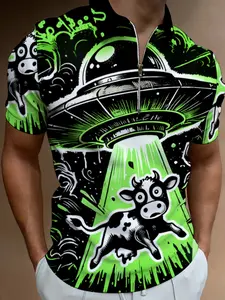 Men's Blue Geometric Pattern Short Sleeve Polo Shirt, Fashion Casual Zip Neck Top, Summer Trendy Clothing