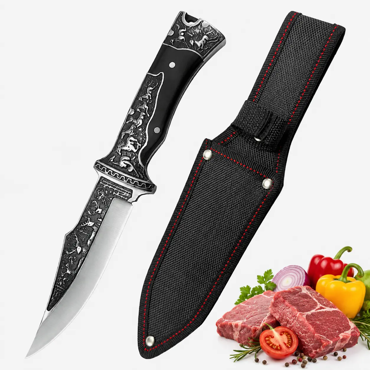 Kitchen Knife with Black Sheath, Decorative Pattern Blade and Embossed Handle for Meat, Vegetables and Daily Cooking