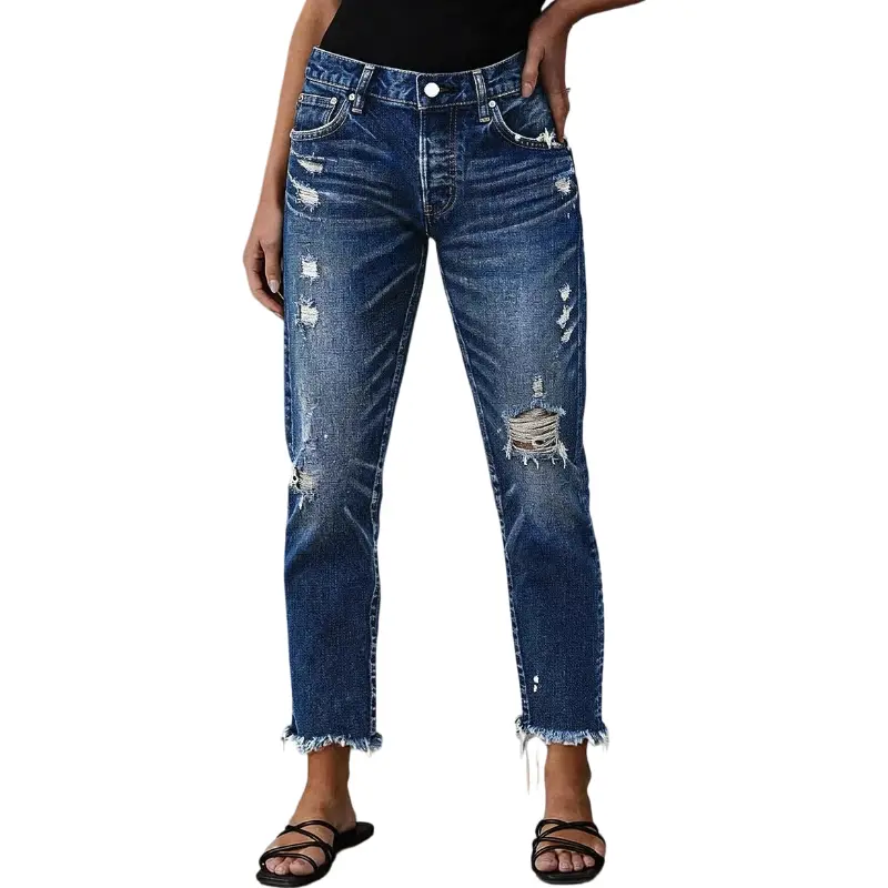 Flamingals Wash Ripped Raw Hem Straight Leg Mid Rise Crop Jeans Womenswear Stretchy 25.6" Inseam