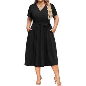 Women Plus Size Short Sleeve Dress Casual Wrap V Neck Belted Vacation Beach Midi Dresses with Pockets