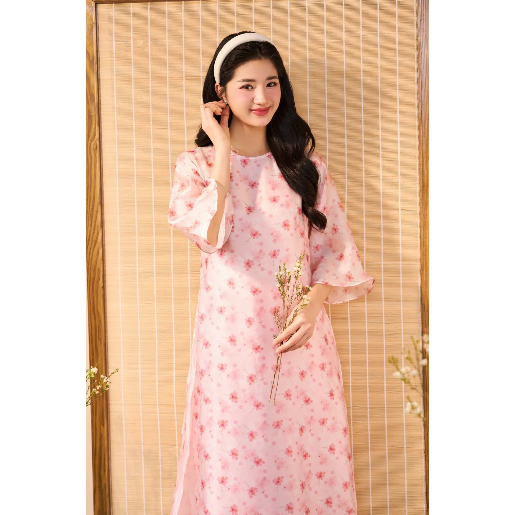 Pink Floral Straight Form Ao Dai (with pants)