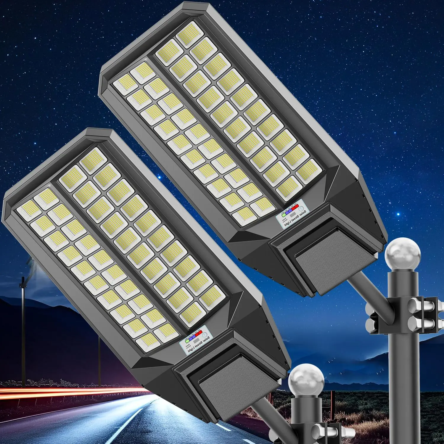 2-Pack 9000 Max Solar Street Light 1440 LEDs IP67 Waterproof Ultra Bright Outdoor Lamp with Motion Sensor & Remote Wide-Area Dusk to Dawn Security Lighting