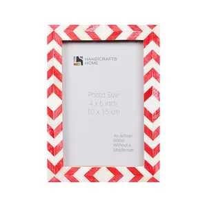Handicrafts Home Bone Inlay Picture Frames Chic Boho Wall Décoration Photo Frame Red White 4x6 Inches Rectangle Multicolor Decor Mdf
