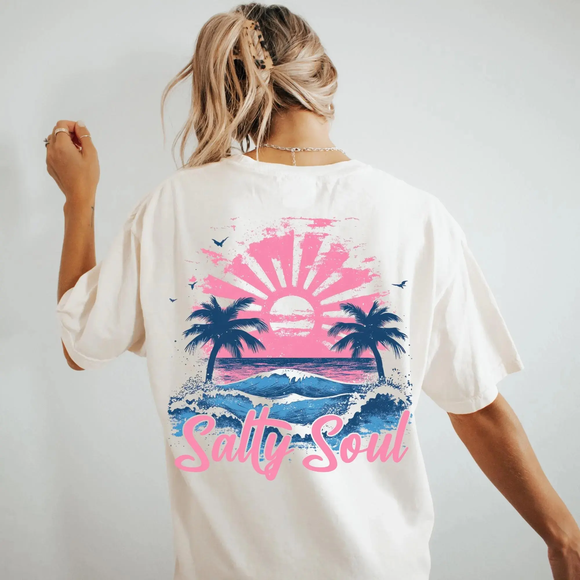 Salty Soul T-Shirt, White Beach Sunset Palm Tree Graphic Tee, Coastal Ocean Wave Summer Shirt, Vacation Gift for Women Men