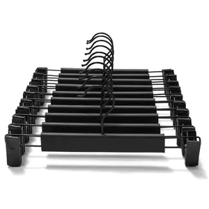 10 Pack Clothes Pants Hangers, Space-Saving Skirt Holders with 360 ° Swivel Hooks, Adjustable Clips, Trouser Coat Garment Jeans Black