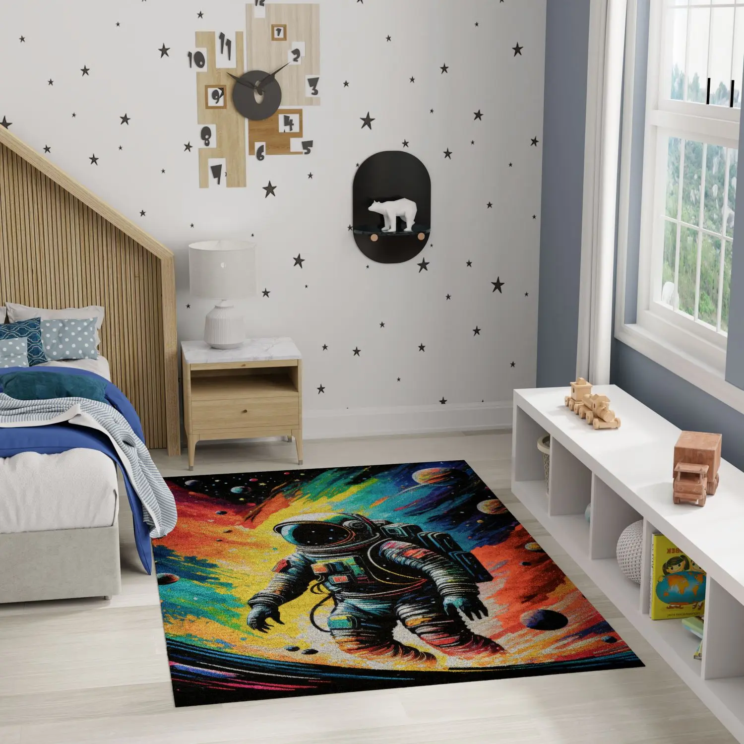 Nourison Imagination Space Kids Washable Indoor Area Rug, Kid Room & Classroom Friendly, Astronaut Print, Bold Colors