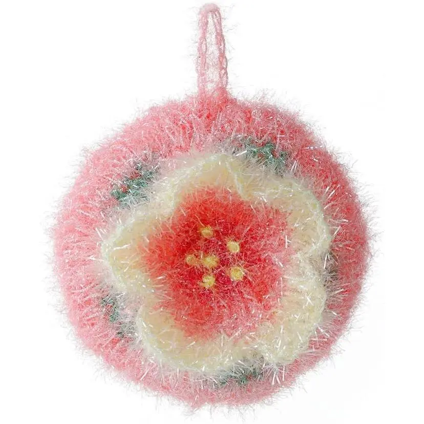 Cherry Blossom Shaped  Dish Scrubber, Flower Shaped Hand Crochet Non-Scratch Dish Sponge, Pink Flower Shaped Kitchen Sponge Washing Dishes