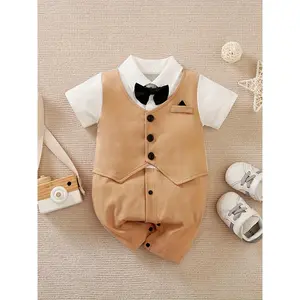 Summer Newborn Khaki Gentleman Bow Short-Sleeved Jumpsuit Pure, for Outdoor