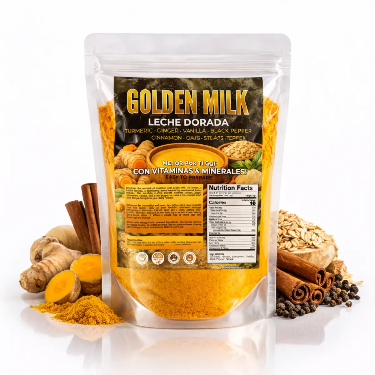 Golden Milk Turmeric Latte Mix 4oz (114g) (Leche Dorada) – Traditional Herbal Blend with Turmeric, Ginger, Cinnamon, Vanilla, Black Pepper & Oats | Smooth, Warm Drink Powder | Easy to Mix Superfood Beverage