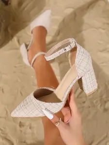 Women's Fashion High Heels Pointed Toe Mid Air Quality Elegant One Strap Chunky Heel Design Shoes, Summer Stylish and Comfortable Women's Footwear