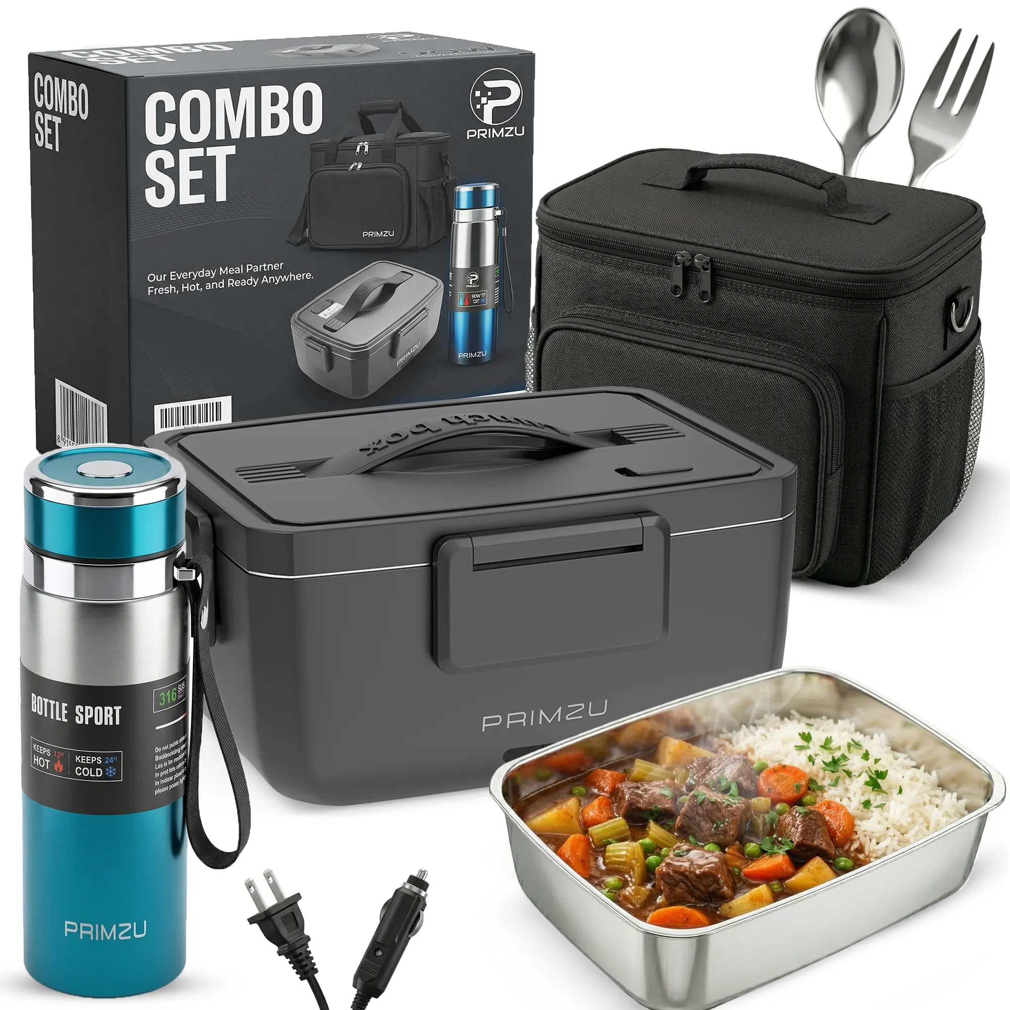 PRIMZU Electric Lunch Box Combo Set for Adults - Insulated Portable Lunch Box with Consistent Temperature, Food Warmer for Work & Car Travel, Reheatable Container with Insulated Water Bottle, Insulated Portable Lunch Boxes