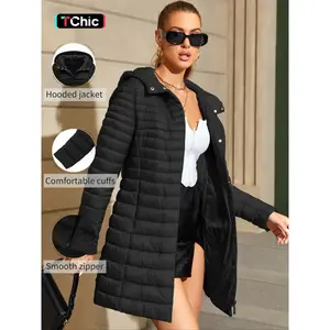 Women's Mid-Length Puffer Coat, Casual Hooded Button Jacket with Pockets, Fall & Winter Warm Woven Outerwear, Lightweight Thick FabricRAIMENTRY