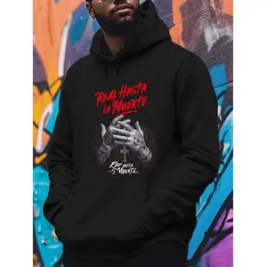 Men's Stylish Casual Fleece Hoodie Tops - Hasta La Muerte Print, Long Sleeve, Regular Fit Knit Fabric, Trendy Pullover for Youth, Character, Comfiest, Cool, Character Men's Hoodies