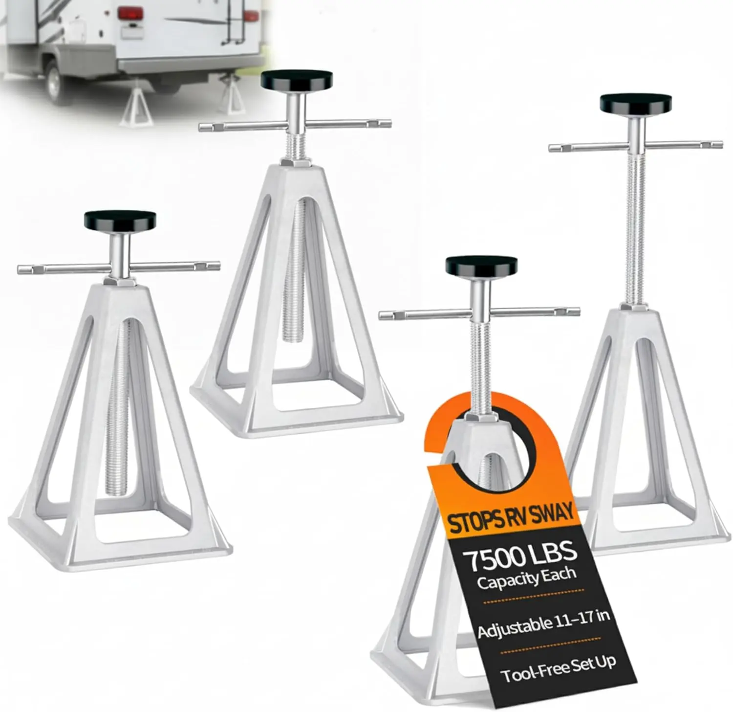 RV Stabilizer Jacks Set of 4, 7500 lbs Capacity per Jack, Adjustable 11"-17" Aluminum Trailer Stands for Travel Trailers & Campers, Anti-Sway with Rubber Pads