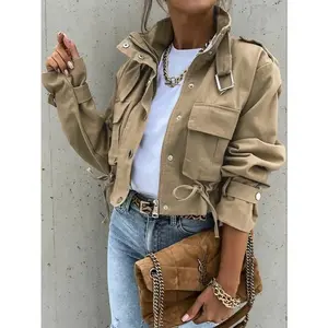 Women's Fall Casual Fitted Biker Jacket, Short Woven Coat with Pockets & Zipper, Long Sleeve Outerwear for Autumn Fashion, Womenswear