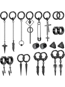 22Pcs Dangle Clip On Earrings for Men Fake Earrings Stainless Steel Cross Sword Feather Lightning Hinged Hoop Non-Piercing Earrings Set Black Silver Tone