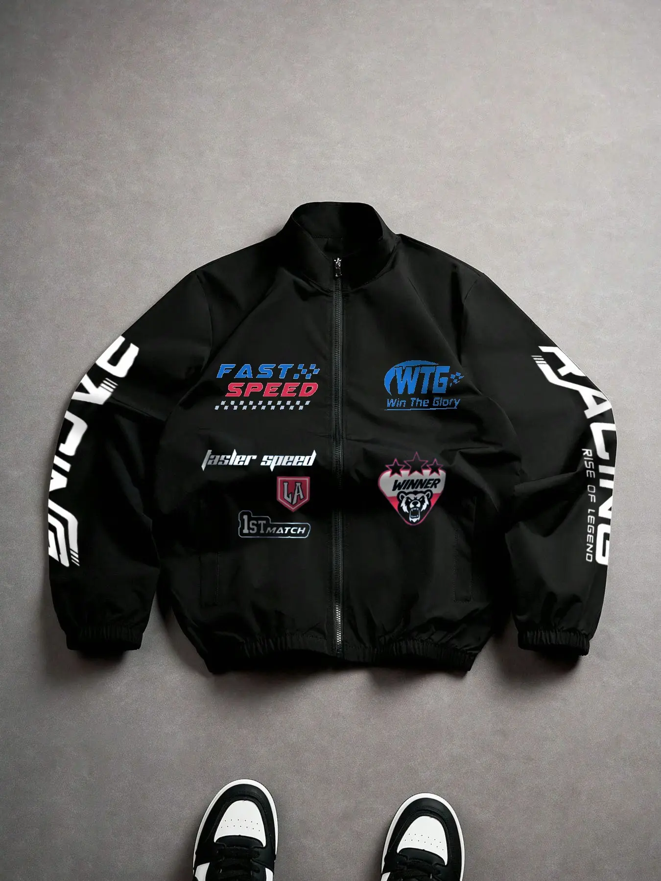 Unisex Racing Style Zip-Up Jacket, "Fast Speed" Graphic Print Bomber Jacket For Streetwear & Casual Wear