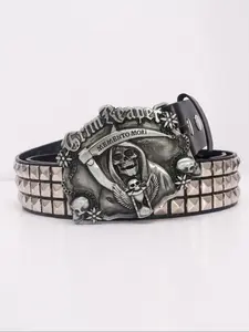 1pc unisex American Y2K fashion vintage 2in1 country style western vintage black carved skull death head western buckle men's belt suitable for daily life party street use nightclub punk rock street matching jeans boyfriend gift, Western Concho Belts