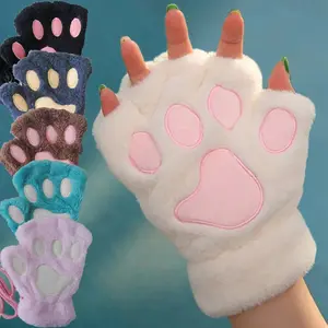 Fluffy Cat Paw Fingerless Gloves  Plush Cosplay Mittens