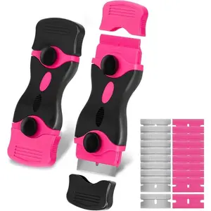Razor Blade Scraper, 2-in-1 Scraper Tool with 10PCS Metal Blades and 10PCS Plastic Blades, Multi-funtional Cleaning Razor Scraper for Decals, Stickers, Labels, Caulk, Adhesive Removal(Pink)