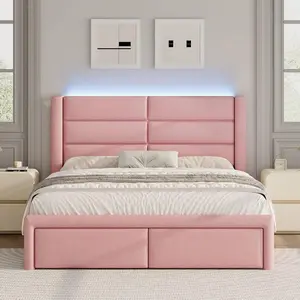 LED Bed Frame With Headboard And Footboard, PU Leather Upholstered Bed Frame, Bedroom Furniture With Wooden Slats Support, No Box Spring Needed, Easy Assembly, Twin/ Full/ Queen ( USB LED Strips)