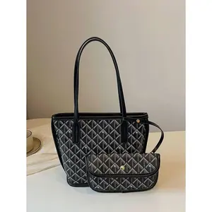 New Fashion Classic Versatile Large Capacity Double Handle  Pattern Decoration Design Contrast Color Design One Shoulder Tote Bag Two In One Combination Bag, Women's Wallet, Elegant Business Commuter Bag, Suitable For Commuting To Work