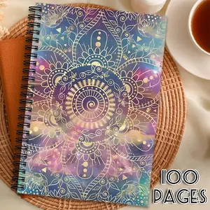 1 A spiral notebook, a diary planner, suitable for academic and office use. It features a golden mandala watercolor starry sky design. It is an ideal gift for friends and colleagues.