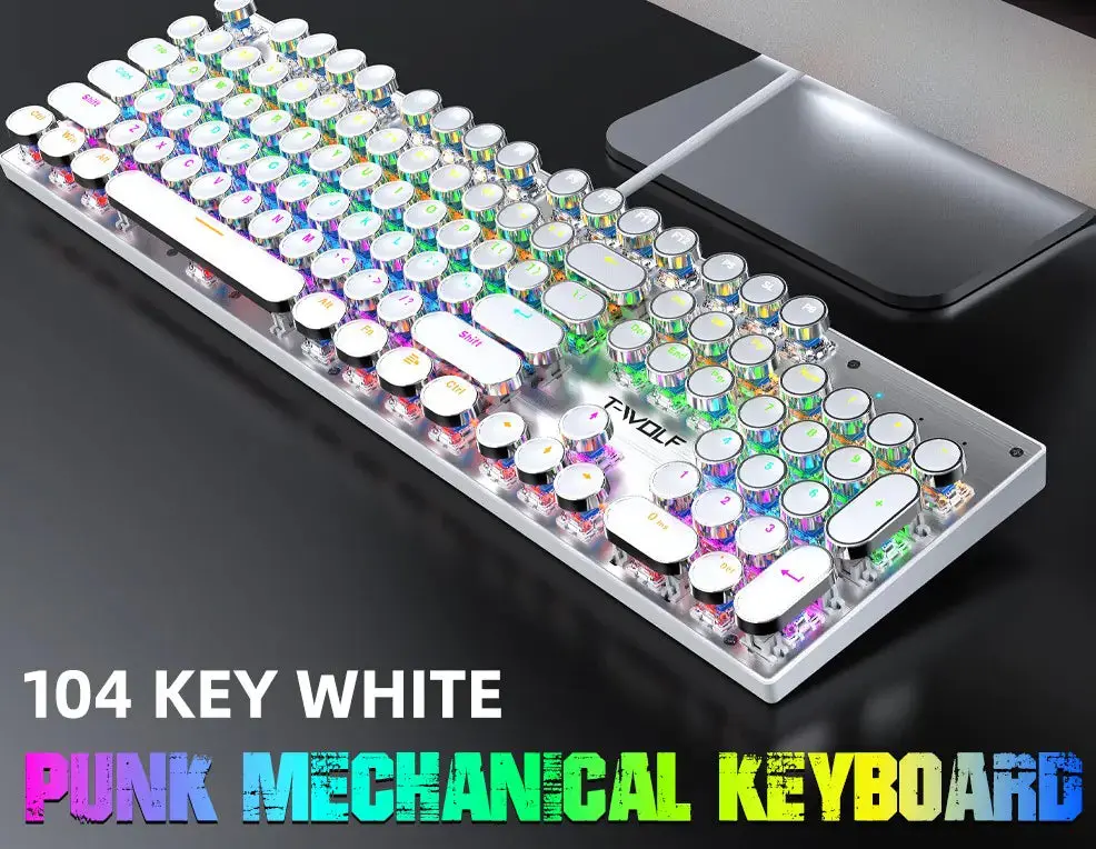 TWOLF Retro Punk Mechanical Wired Gaming Keyboard