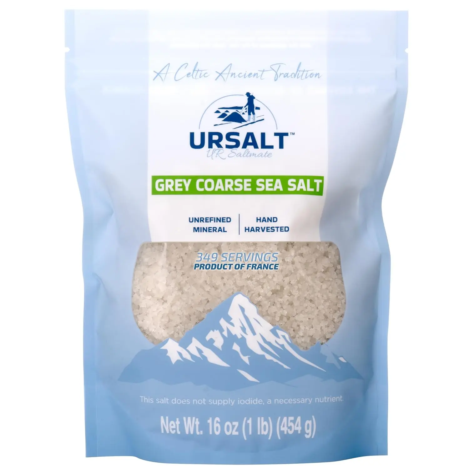 URSALT Grey Coarse Organic French Sea Salt 1 lb Unrefined Hand Harvested Salt with 82 Minerals, Rich in Calcium, Magnesium & Potassium - Flavor, Savory