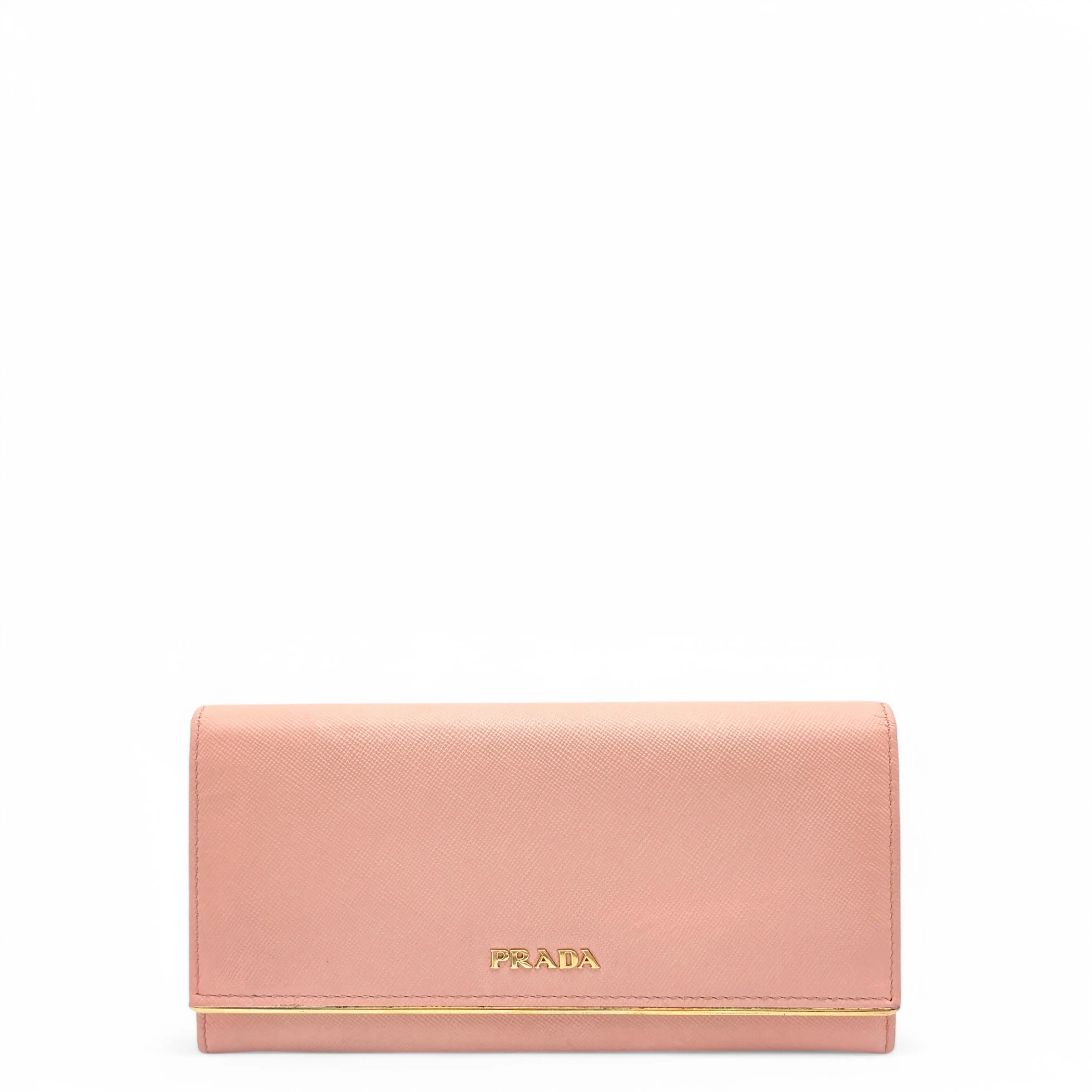 Pre-owned PRADA Leather Small Leather Goods Saffiano Metal Continental Flap Wallet Calfskin Light Pink (0415n5)