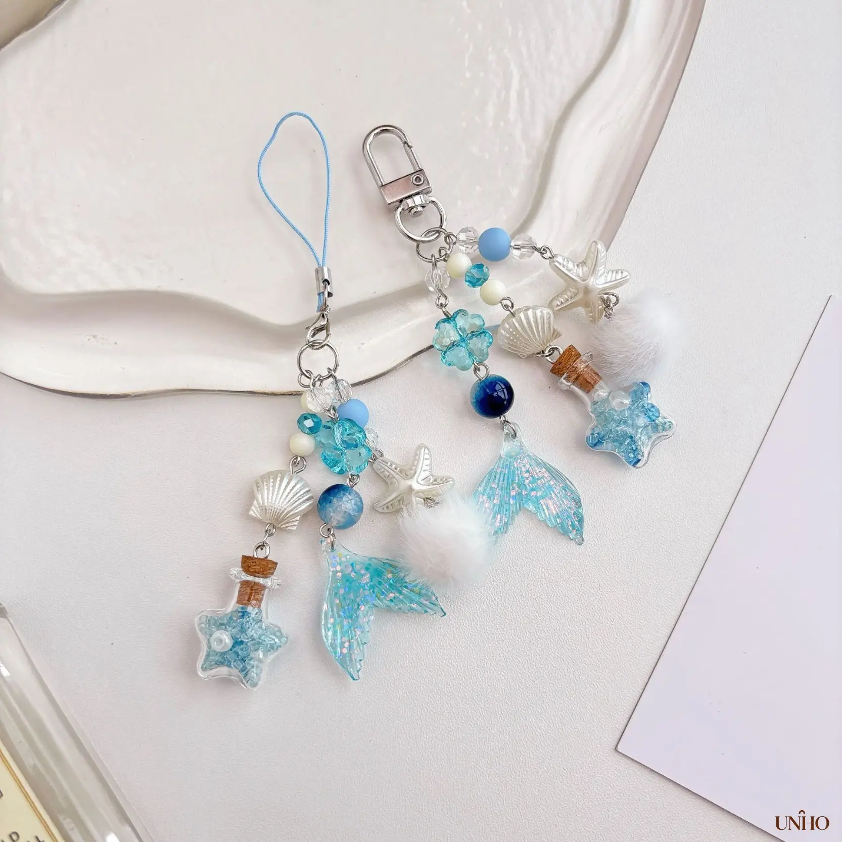 Women's Blue Ins Aesthetic Dreamy Ocean Drift Bottle Keychain Bag Charm - Mermaid Tail, Starfish Detail, Casual DIY Bag Accessories, Keychains for Backpacks, Multi-Use Handbag Cell Phone Decor