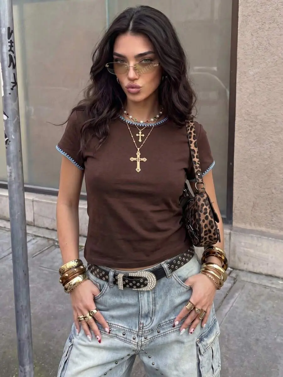 [FREE SHIPPING] Comfortcana Women's Casual T-Shirt With Contrast Color Shell Embroidery,Summer Top