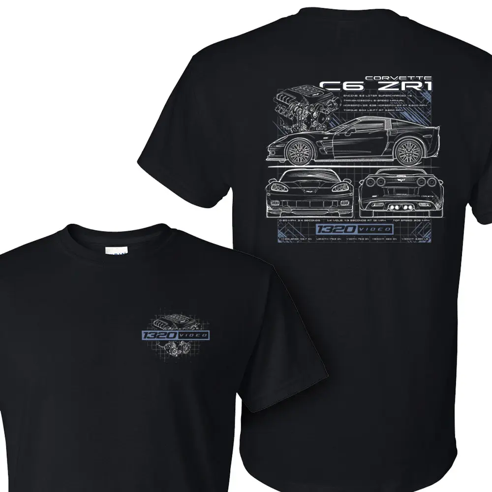 1320 Video Corvette C6 ZR1 Blueprint T-Shirt – Technical Blueprint Drawing of C6 ZR1 with Engine Layout Graphic Tee, Precision Engineering Car Culture Apparel for Men and Women