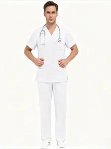 2Pcs Stylish Mens M-edical Scrubs Set Functional Comfortable Tops And Pants Breathable Workwear For Healthcare P-rofessionals