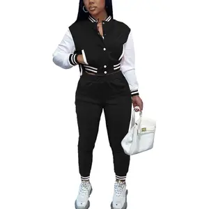 Sweatsuits for Women Set 2 Piece Patchwork Tracksuits Button Down Crop Varsity Jacket Pants Set Sexy