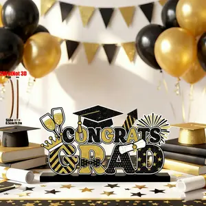 2D Graduation Table Sign, and, Wooden Base, Centerpiece Decor, Decorative Plaque, Suitable for Desk Shelf, Fireplace Shelf, Party Supplies