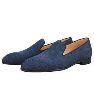 New Summer Style Navy Denim Mens Loafers with Red Outsole and Breathable Leather Insole plus Size