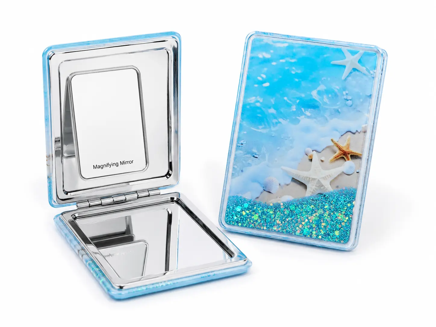 Mermaid Beach Glitter Water Filled Compact Mirror – Coastal Seashell Pocket Mirror with Moving Glitter & Magnifying Mirror