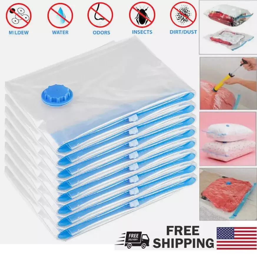 10 Pack Small Space Saver Vacuum Storage Bags Set - Plastic, Sealable, Compress Quilts, Blankets, Clothes - Casual Style, No Wash, No Print, No Edge Paint with Hand Pump Organiser Turbo