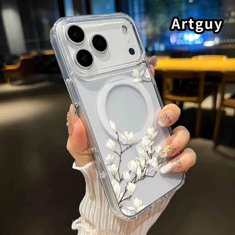 Magnolia Grace Pattern Magnetic Phone Case for iPhone 17 16  Pro Max Plus 15 14 13 12 11 Air E Anti-Yellowing Shockproof Lightweight Transparent Acrylic Large Hole Soft Cover Supports Wireless Charging