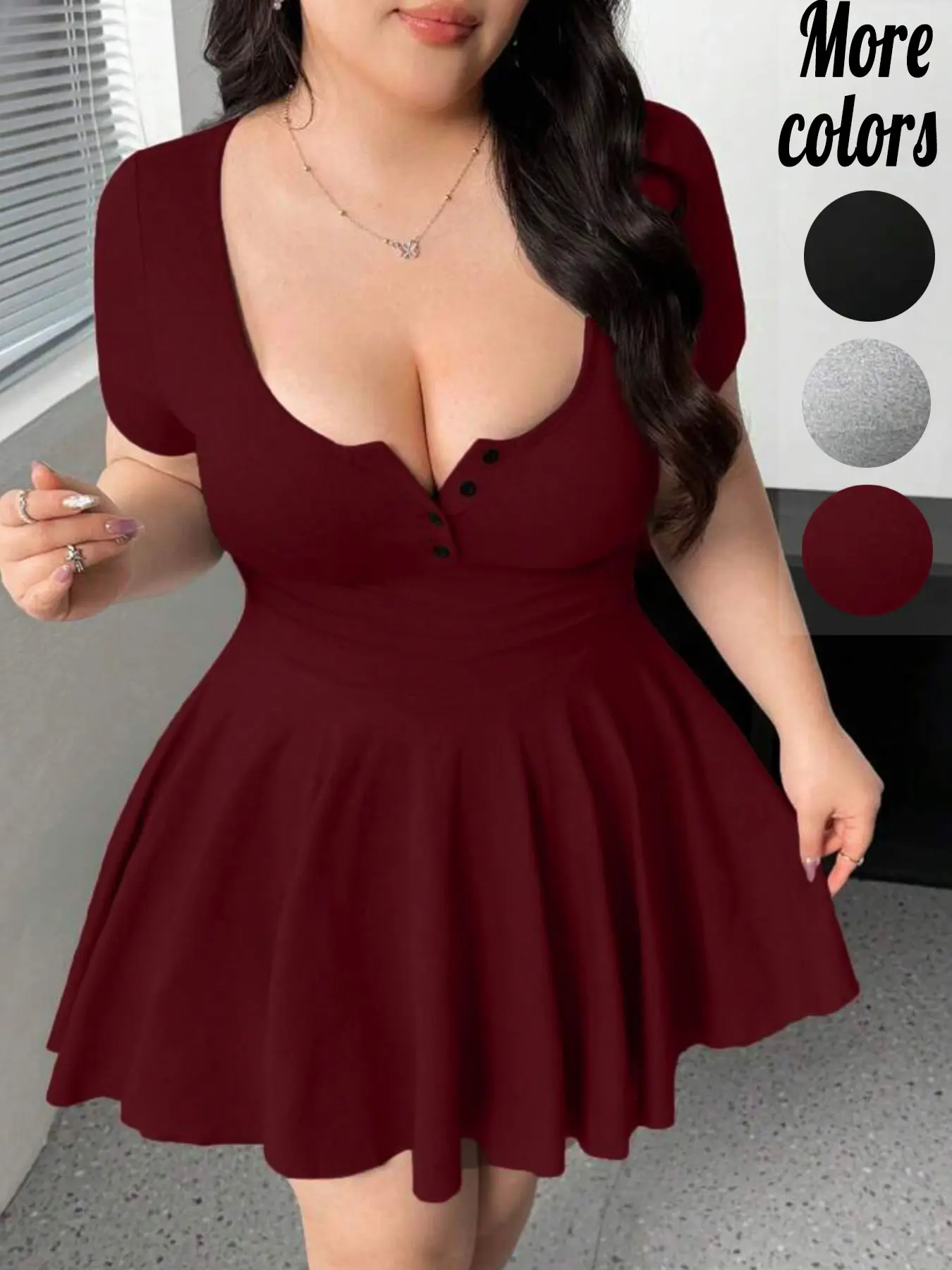 Plus-Size, Short Sleeve Button Front A-Line Mini Dress, Elasticized Waist Dress, Y2K Sweetheart Style, Stretchy Cinched Waist & U-Neck Detail, For Curvy Women, Date Night, Brunch & Casual Summer Wear, TikTok Viral Find