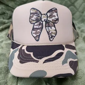 Camo Bow Foam Trucker Hat with Optional Wording and Gold/Silver Pearl Chain.