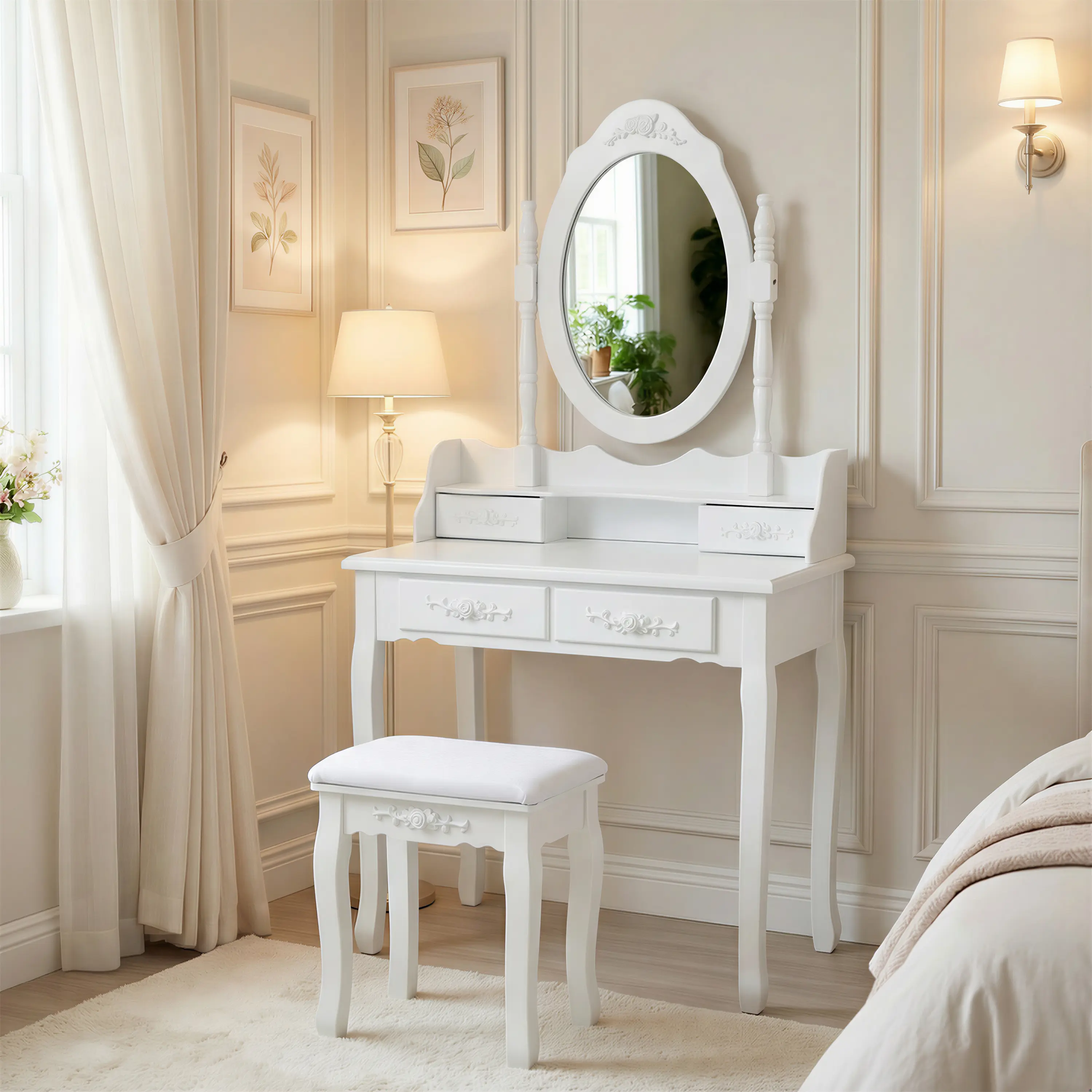 OPUL White Princess Vanity Desk Set - Modern Makeup Vanity Table with Mirror & Cushioned Stool, Open Storage Shelves, 4-Drawer Wooden Makeup Vanity Table for Girls' Bedroom, Women Dressing Table with Ample Storage