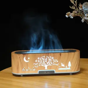 Wood Finish Hollow Elk Flame Humidifier - Natural Look, Compact, Portable Air Purifier with Flicker Light, Moon Night Light, Essential Oil Diffuser for Home, Bedroom