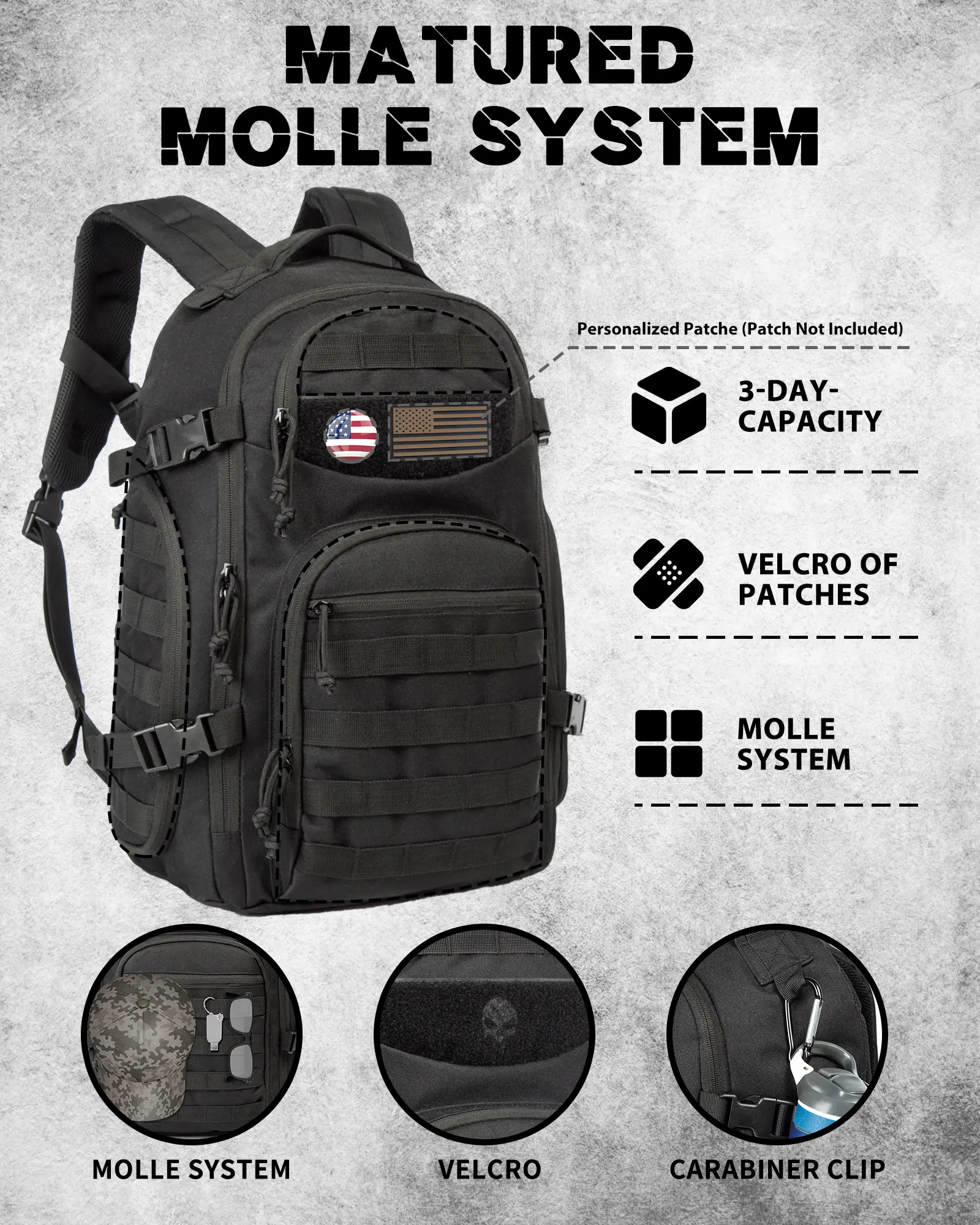 Wolt 45L Tactical Backpack - Durable Outdoor Rucksack, Gym  Tactical Black Men\'s Backpack - Durable MOLLE Daypack main image 2