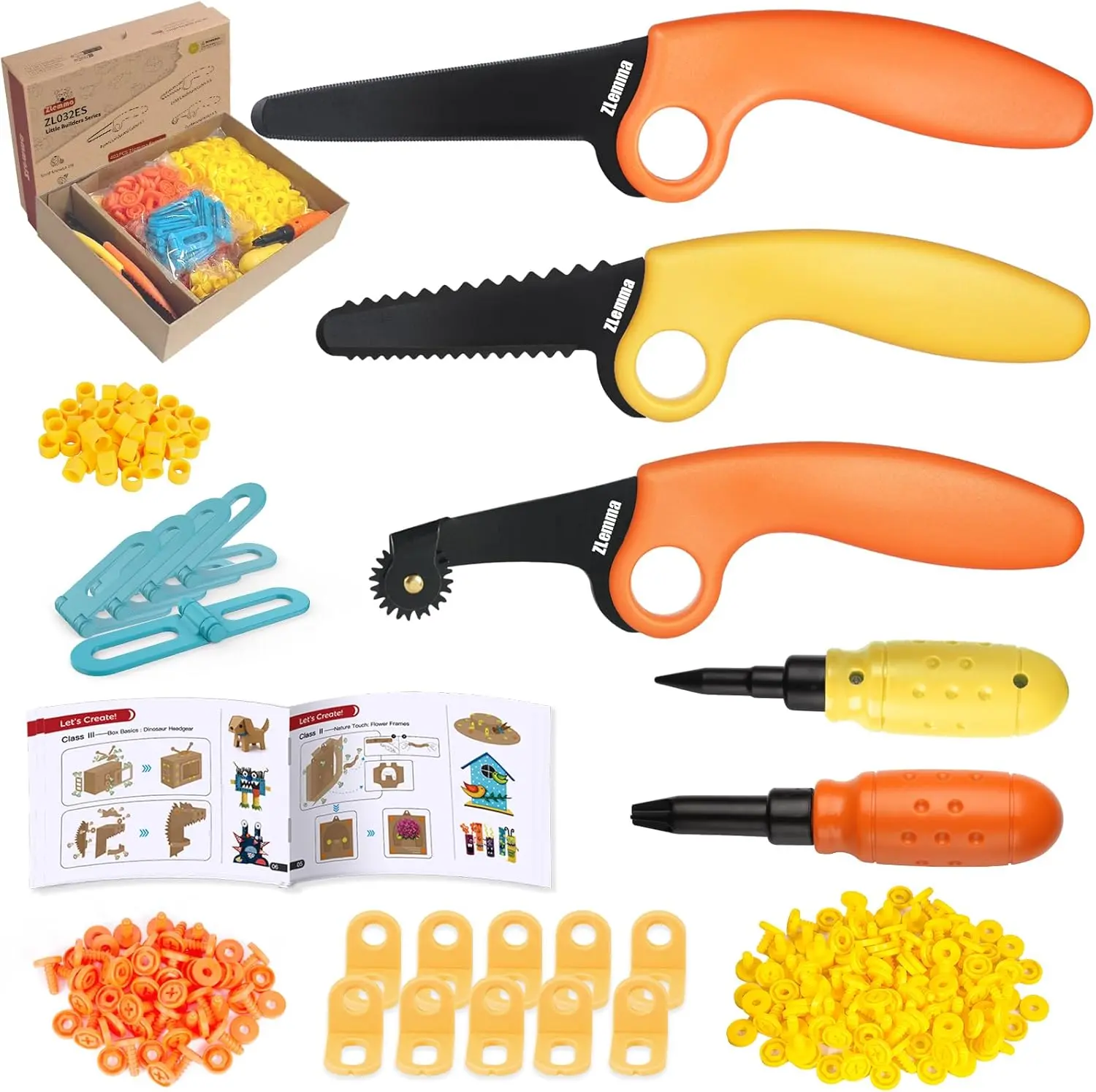 Unisex 401-Piece Cardboard Construction Building Set - Comprehensive Tool Set with Safe Grip Serrated Cutter, Ergonomic Grip Crease Roller, Bolt-Based Building System Screws, Nuts, STEM Upcycled DIY Project Toy, 401 Pcs